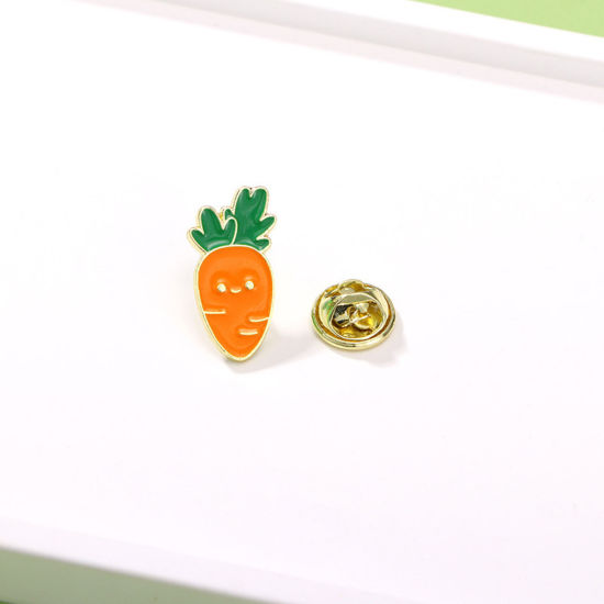 Picture of 1 Piece Japan Painting Vintage Japanese Tensha Pin Brooches Carrot Gold Plated Green & Orange Enamel 2cm