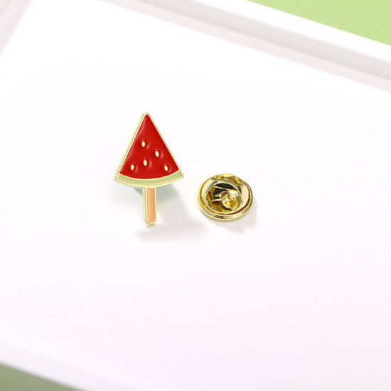 Picture of 1 Piece Japan Painting Vintage Japanese Tensha Pin Brooches Watermelon Fruit Gold Plated Red Enamel 2cm
