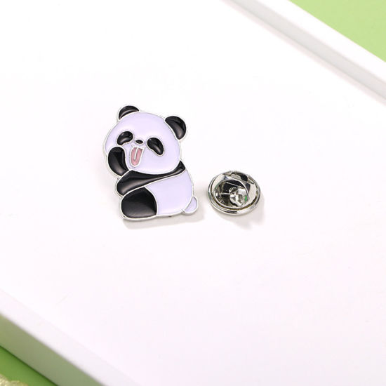 Picture of 1 Piece Japan Painting Vintage Japanese Tensha Pin Brooches Panda Animal Silver Tone Black & White Enamel 2cm