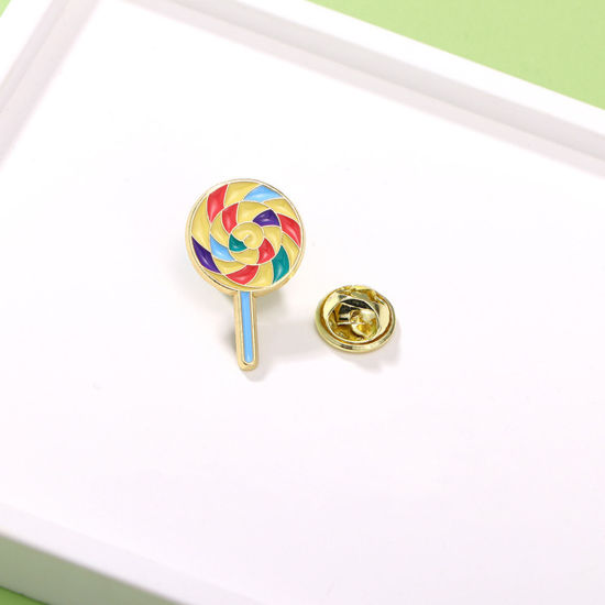 Picture of 1 Piece Japan Painting Vintage Japanese Tensha Pin Brooches Lollipop Gold Plated Multicolor Enamel 2cm