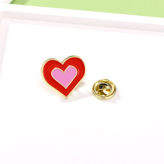 Picture of 1 Piece Japan Painting Vintage Japanese Tensha Pin Brooches Heart Gold Plated Red & Pink Enamel 2cm
