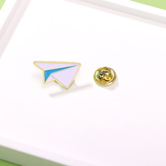 Picture of 1 Piece Japan Painting Vintage Japanese Tensha Pin Brooches Origami Airplane Gold Plated White & Blue Enamel 2cm