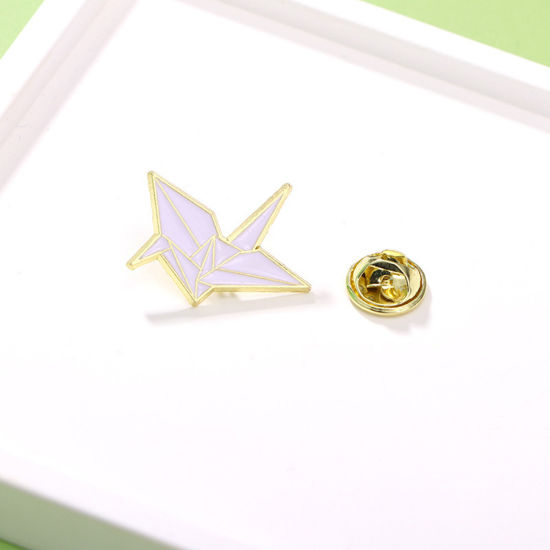 Picture of 1 Piece Japan Painting Vintage Japanese Tensha Pin Brooches Paper Cranes Gold Plated White Enamel 2cm