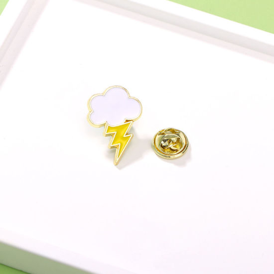 Picture of 1 Piece Japan Painting Vintage Japanese Tensha Pin Brooches Lightning Cloud Gold Plated White & Yellow Enamel 2cm