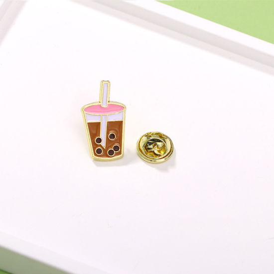 Picture of 1 Piece Japan Painting Vintage Japanese Tensha Pin Brooches Cup Gold Plated White & Coffee Enamel 2cm