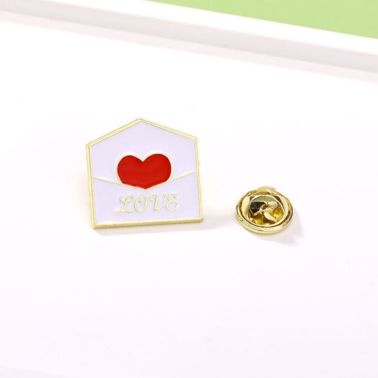 Picture of 1 Piece Japan Painting Vintage Japanese Tensha Pin Brooches Envelope Heart Gold Plated White & Red Enamel 2cm