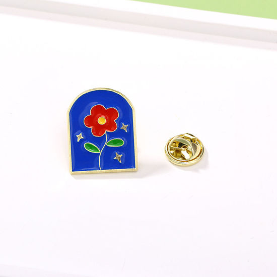 Picture of 1 Piece Japan Painting Vintage Japanese Tensha Pin Brooches Door Flower Gold Plated Red & Blue Enamel 2cm