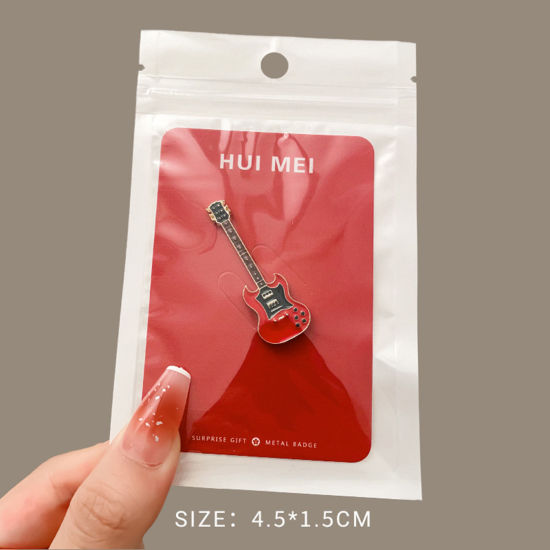 Picture of 1 Piece Retro Pin Brooches Guitar Musical Instrument Red Enamel 4.5cm x 1.5cm