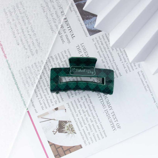 Picture of 1 Piece PVC St Patrick's Day Hair Claw Clips Clamps Dark Green Rectangle Hollow 8.1cm x 4.4cm