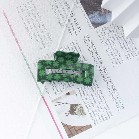 Picture of 1 Piece PVC St Patrick's Day Hair Claw Clips Clamps Green Rectangle Hollow 8.1cm x 4.4cm