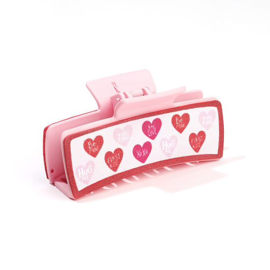 Picture of 1 Piece PU Leather Valentine's Day Hair Claw Clips Clamps Pink Rectangle Heart 10.5cm x 5.2cm