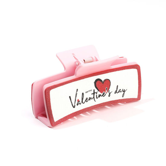 Picture of 1 Piece PU Leather Valentine's Day Hair Claw Clips Clamps Pink Rectangle Heart 10.5cm x 5.2cm