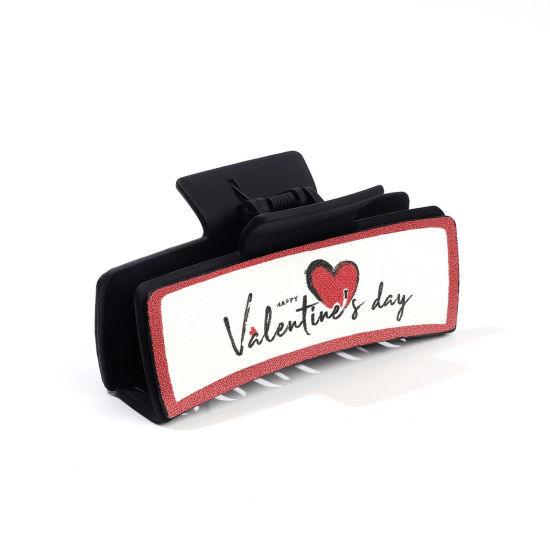 Picture of 1 Piece PU Leather Valentine's Day Hair Claw Clips Clamps Black Rectangle Heart 10.5cm x 5.2cm