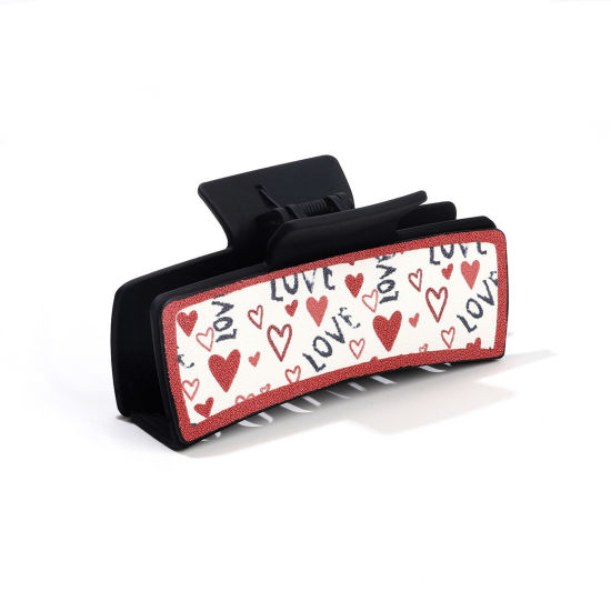 Picture of 1 Piece PU Leather Valentine's Day Hair Claw Clips Clamps Black Rectangle Heart 10.5cm x 5.2cm