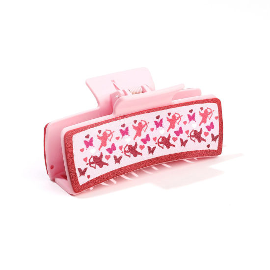 Picture of 1 Piece PU Leather Valentine's Day Hair Claw Clips Clamps Pink Rectangle Angel 10.5cm x 5.2cm