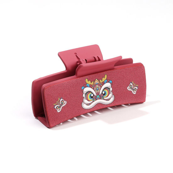 Picture of 1 Piece PU Leather Valentine's Day Hair Claw Clips Clamps Dark Pink Rectangle Cat 10.5cm x 5.2cm