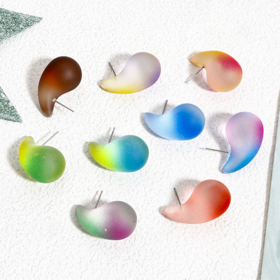 Picture of 10 PCs Acrylic Ear Post Stud Earrings At Random Mixed Color Drop Gradient Color 3cm x 1.7cm, Post/ Wire Size: (21 gauge)