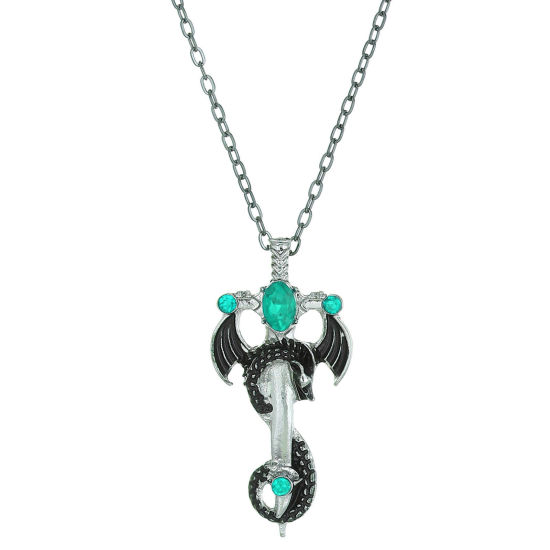 Picture of 1 Piece Gothic Pendant Necklace Antique Silver Color Cross Dragon Green Blue Rhinestone 51cm(20 1/8") long