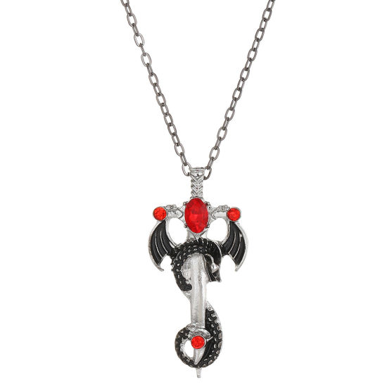 Picture of 1 Piece Gothic Pendant Necklace Antique Silver Color Cross Dragon Red Rhinestone 51cm(20 1/8") long