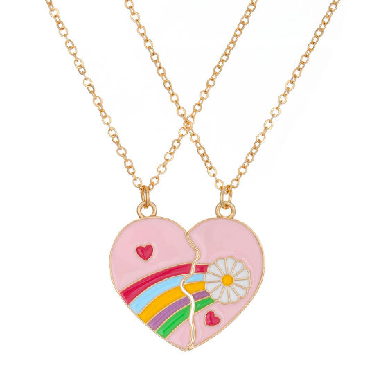Picture of 1 Set ( 2 PCs/Set) Best Friends Pendant Necklace KC Gold Plated Multicolor Broken Heart Rainbow Enamel 50cm(19 5/8") long