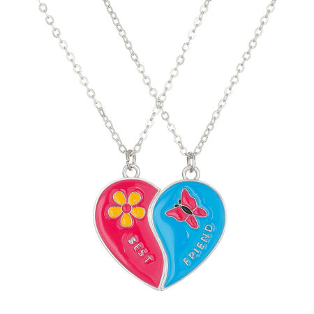 Picture of 1 Set ( 2 PCs/Set) Best Friends Pendant Necklace Silver Tone Red & Blue Broken Heart Flower Message " Best Friend " Enamel 50cm(19 5/8") long