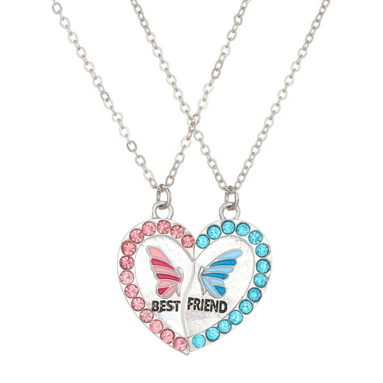 Picture of 1 Set ( 2 PCs/Set) Best Friends Pendant Necklace Silver Tone Broken Heart Butterfly Message " Best Friend " Multicolor Rhinestone Enamel 50cm(19 5/8") long