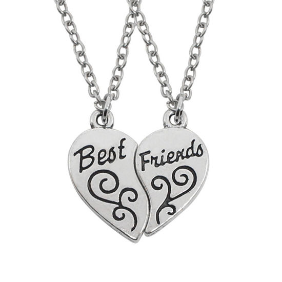 Picture of 1 Set ( 2 PCs/Set) Best Friends Pendant Necklace Silver Tone Broken Heart Carved Pattern Message " Best Friends " 50cm(19 5/8") long