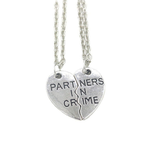 Picture of 1 Set ( 2 PCs/Set) Best Friends Pendant Necklace Silver Tone Broken Heart Message " PARTNERS IN CRIME " 50cm(19 5/8") long