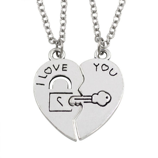 Picture of 1 Set ( 2 PCs/Set) Best Friends Pendant Necklace Silver Tone Broken Heart Key Message " I Love you " 50cm(19 5/8") long