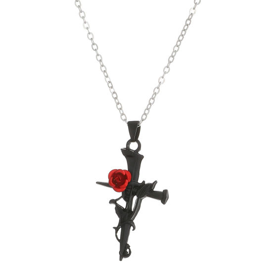 Изображение 1 ШТ готика Ожерелье с подвеской Черный Красный Крест Роза 50см длина