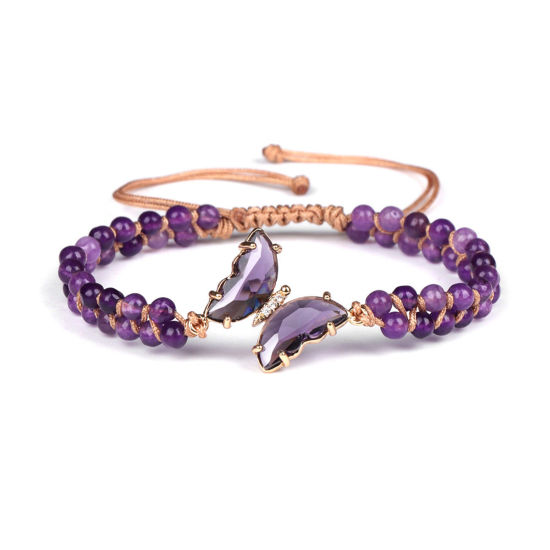 Picture of 1 Piece Glass Exquisite Braided Bracelets Purple Butterfly Animal Beaded 23cm x