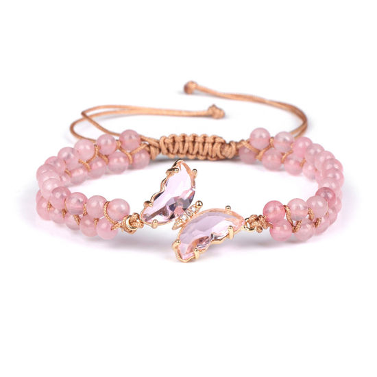 Picture of 1 Piece Glass Exquisite Braided Bracelets Pink Butterfly Animal Beaded 23cm x