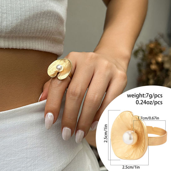 Picture of 1 Piece Geometric Open Adjustable Rings Matt Gold Imitation Pearl Leaf 17mm(US Size 6.5)