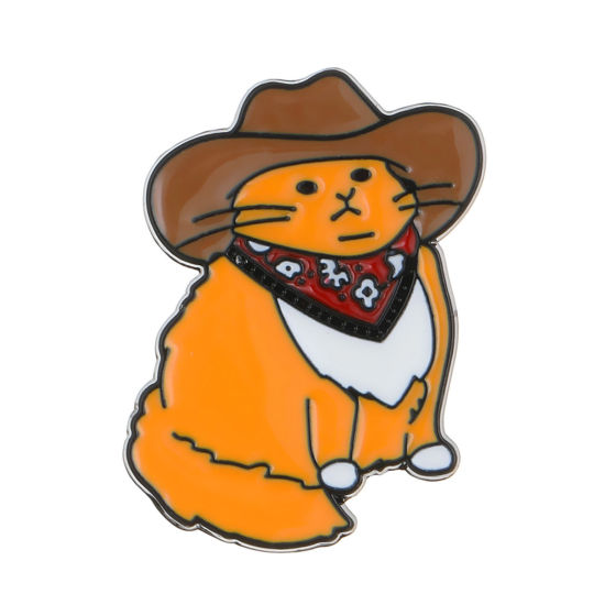 Picture of 1 Piece Cute Pin Brooches Cat Animal Hat Orange Enamel 3cm x 2.3cm