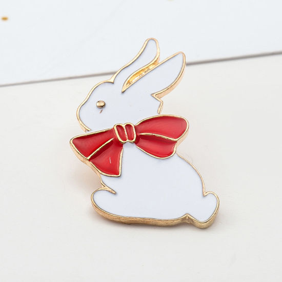 Picture of 1 Piece Cute Pin Brooches Rabbit Animal White & Red Enamel 3cm