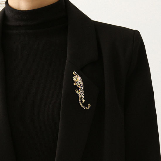 Picture of 1 Piece Stylish Pin Brooches Leopard Gold Plated Black Enamel Clear Rhinestone 10.6cm x 3cm