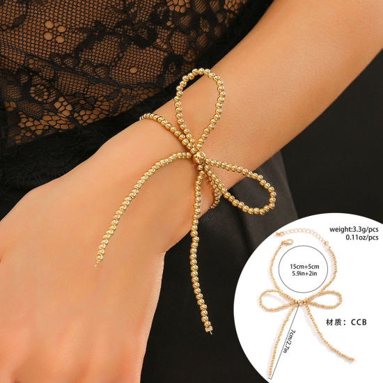 Picture of 1 Piece CCB Plastic Y2K Dainty Bracelets Delicate Bracelets Beaded Bracelet Golden Bowknot 15cm(5 7/8") long
