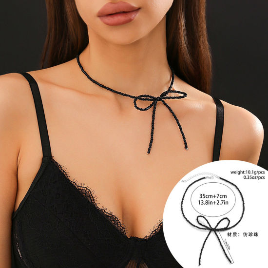 Picture of 1 Piece Acrylic Y2K Beaded Necklace Black Bowknot Imitation Pearl 35cm(13 6/8") long