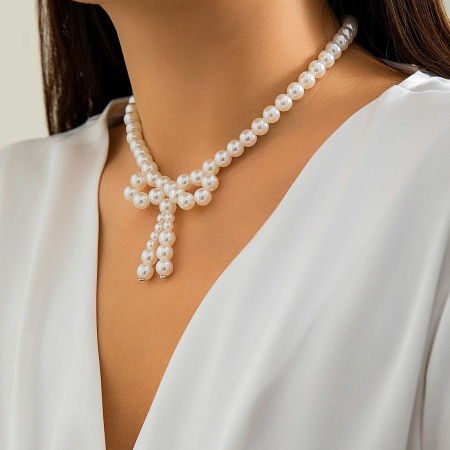 Image de 1 Pièce Collier Perlé en Acrylique Y2K Blanc Nœuds Papillon Imitation Perles 35cm long