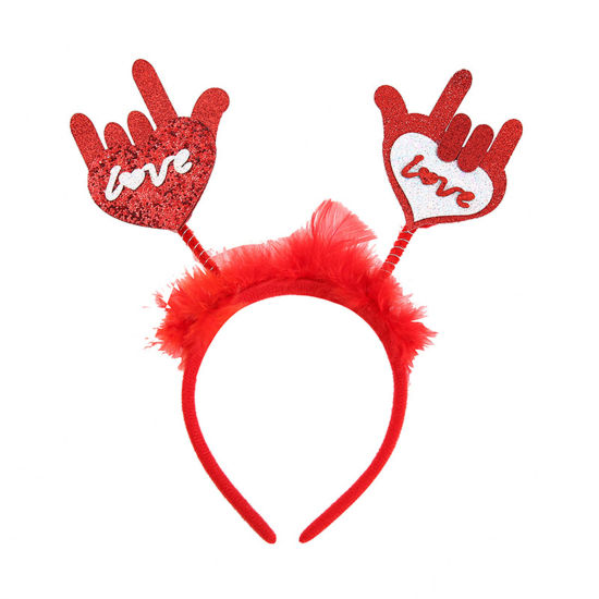Picture of 1 Piece Plastic & Velvet Valentine's Day Headband Hair Hoop Red Hand 24cm x 22cm