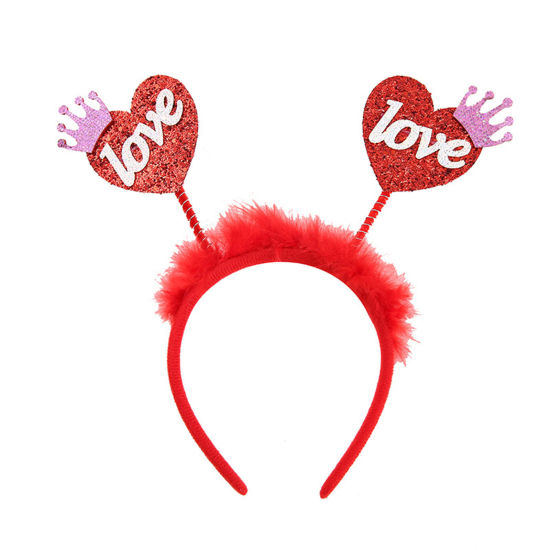 Picture of 1 Piece Plastic & Velvet Valentine's Day Headband Hair Hoop Red Heart Crown LOVE 24cm x 22cm