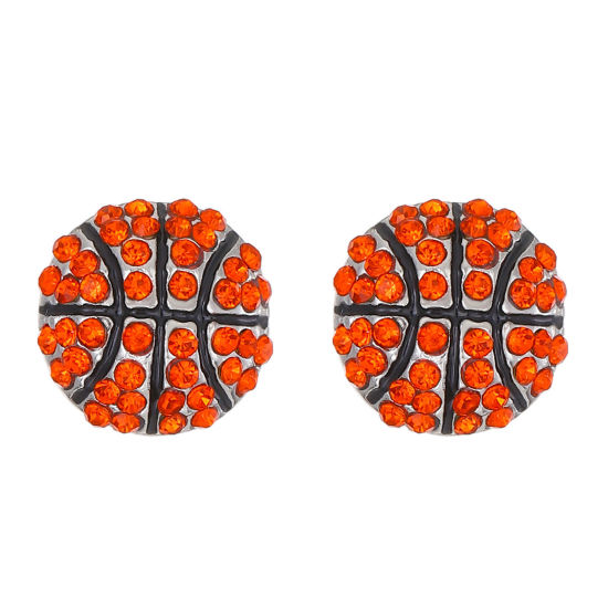 Picture of 1 Pair Sport Ear Post Stud Earrings Basketball Orange-red Cubic Zirconia 1.4cm