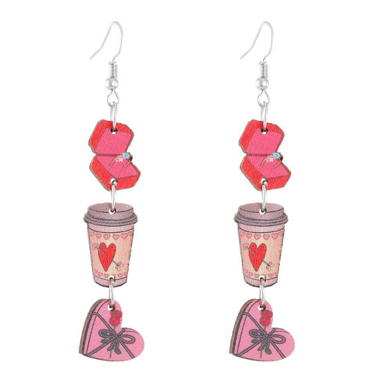 Bild von 1 Paar Holz Valentinstag Ohrring Silberfarbe Rosa Tasse Herz 7.6cm