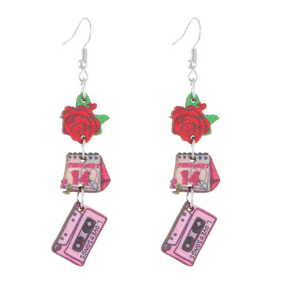 Bild von 1 Paar Holz Valentinstag Ohrring Silberfarbe Rosa Radio Rose 7.6cm