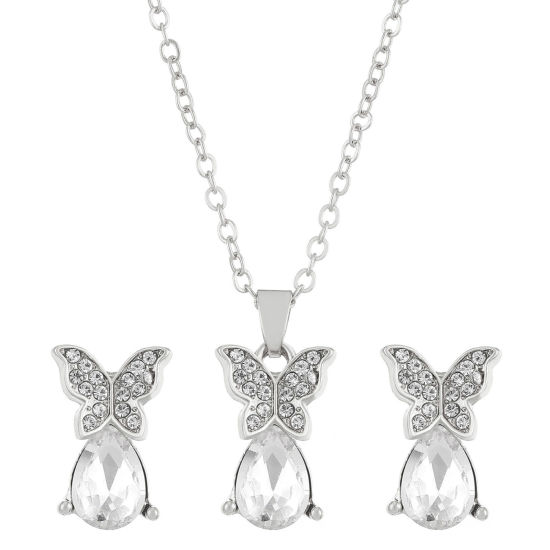 Bild von 1 Set Ins Stil Schmuck Halskette Ohrringe Set Silberfarbe Schmetterling Tropfen Transparent Strass 50cm lang