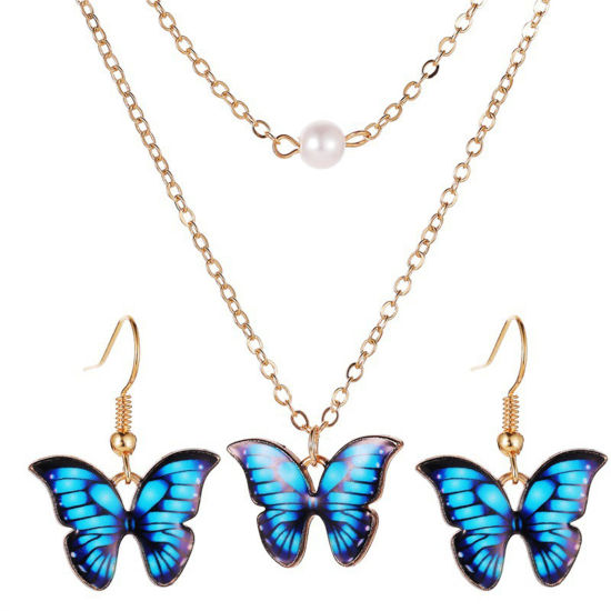 Bild von 1 Set Ins Stil Schmuck Halskette Ohrringe Set KC Vergoldet Blau Schmetterling 50cm lang