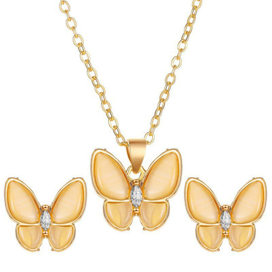 Bild von 1 Set Ins Stil Schmuck Halskette Ohrringe Set KC Vergoldet Schmetterling 50cm lang