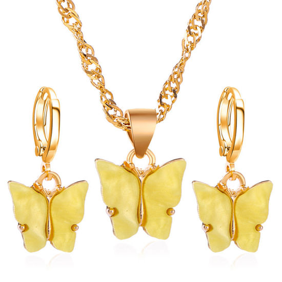 Bild von 1 Set Ins Stil Schmuck Halskette Ohrringe Set KC Vergoldet Gelb Schmetterling 50cm lang