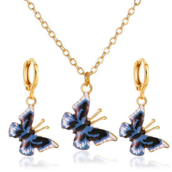 Bild von 1 Set Ins Stil Schmuck Halskette Ohrringe Set KC Vergoldet Livid Schmetterling 50cm lang