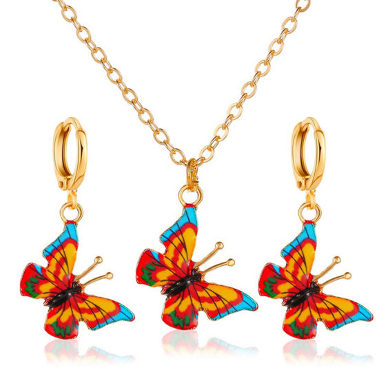 Bild von 1 Set Ins Stil Schmuck Halskette Ohrringe Set KC Vergoldet Orange Schmetterling 50cm lang